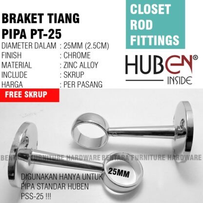 2 x HUBEN PT-25 /PU-25 BRAKET GANTUNG PIPA TEMBUS/UJUNG 1 Inchi (25MM)  Untuk Pipa Bulat Standar Furniture Huben PT-PU