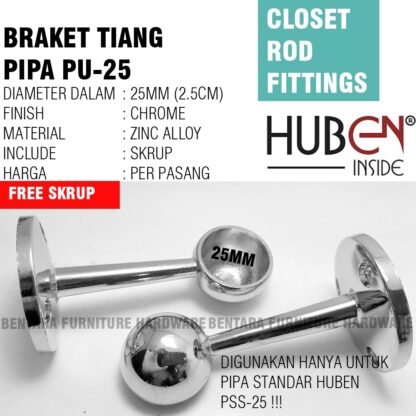 2 x HUBEN PT-25 /PU-25 BRAKET GANTUNG PIPA TEMBUS/UJUNG 1 Inchi (25MM)  Untuk Pipa Bulat Standar Furniture Huben PT-PU - Gambar 2