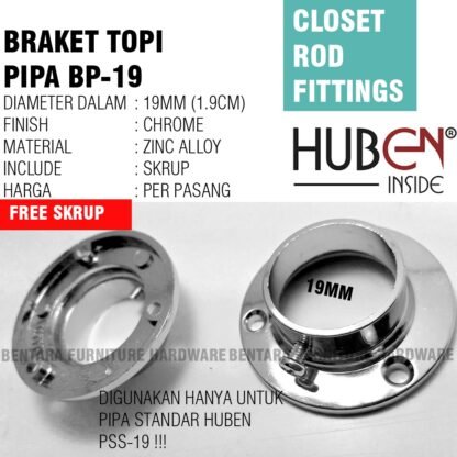 2 x HARFIT BP-19 BRAKET TOPI 19MM Pipa 3/4 Inchi (19MM) Braket Topi  Untuk Pipa Bulat Standar Furniture Huben Harfit (Untuk Pipa Huben PSS-19)