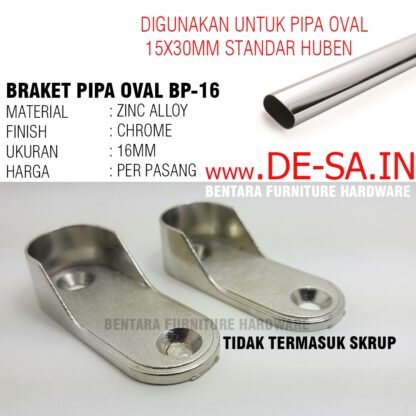 2 x Braket Pipa Oval BP-16 Braket - Untuk Pipa Oval Lemari Baju (Hanya Kompatibel Untuk Pipa Huben Oval)