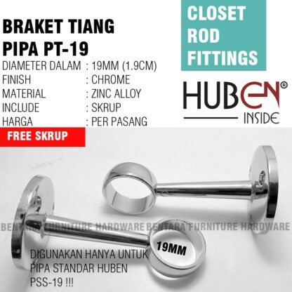 2 x HUBEN PT-19/PU-19 BRAKET GANTUNG PIPA TEMBUS /UJUNG 3/4 INCHI (19MM)  Untuk Pipa Bulat Standar Furniture Huben PT-PU