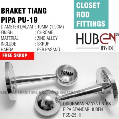 2 x HUBEN PT-19/PU-19 BRAKET GANTUNG PIPA TEMBUS /UJUNG 3/4 INCHI (19MM)  Untuk Pipa Bulat Standar Furniture Huben PT-PU - Gambar 2