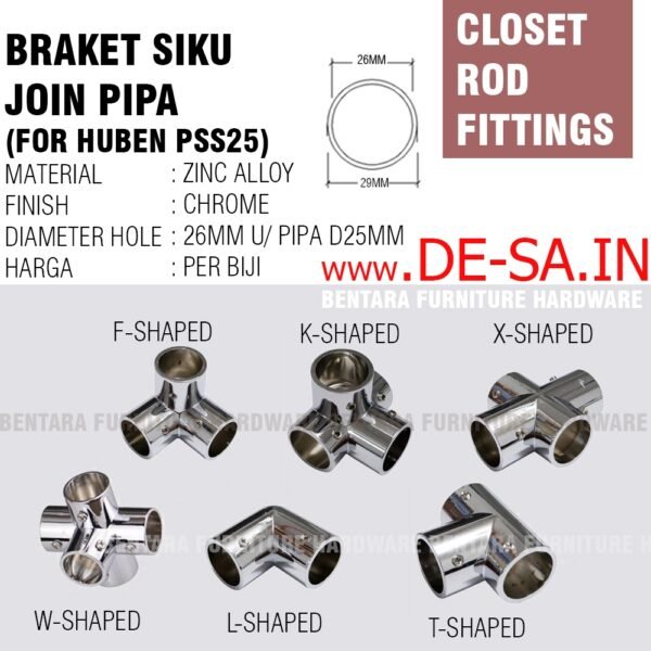 BP-25.BRAKET KONEKTOR PIPA  1 Inchi (Lubang 25MM ) Tipe L / Tipe T / Tipe F / Tipe K  - Hanya Kompatible Untuk Pipa Bulat Standar Furniture PSS-25 Huben Harfit