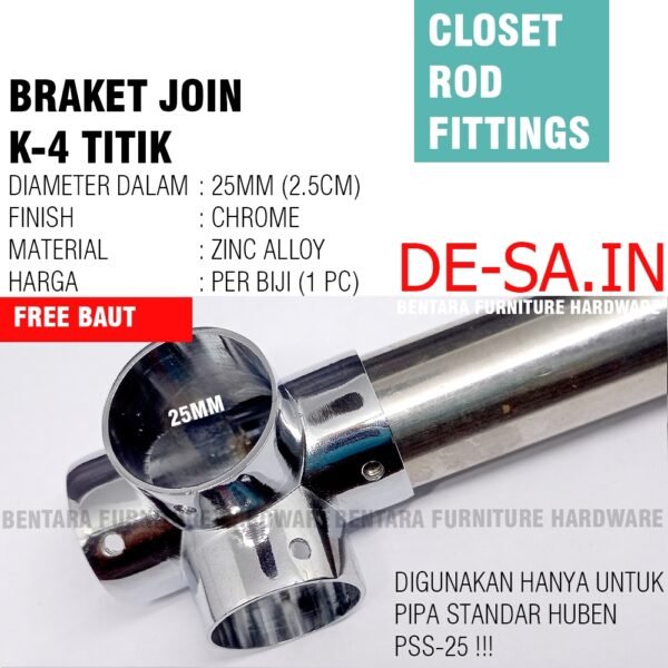 BP-25.BRAKET KONEKTOR PIPA  1 Inchi (Lubang 25MM ) Tipe L / Tipe T / Tipe F / Tipe K  - Hanya Kompatible Untuk Pipa Bulat Standar Furniture PSS-25 Huben Harfit - Gambar 3