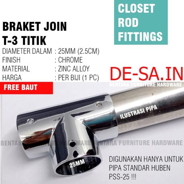 BP-25.BRAKET KONEKTOR PIPA  1 Inchi (Lubang 25MM ) Tipe L / Tipe T / Tipe F / Tipe K  - Hanya Kompatible Untuk Pipa Bulat Standar Furniture PSS-25 Huben Harfit - Gambar 5