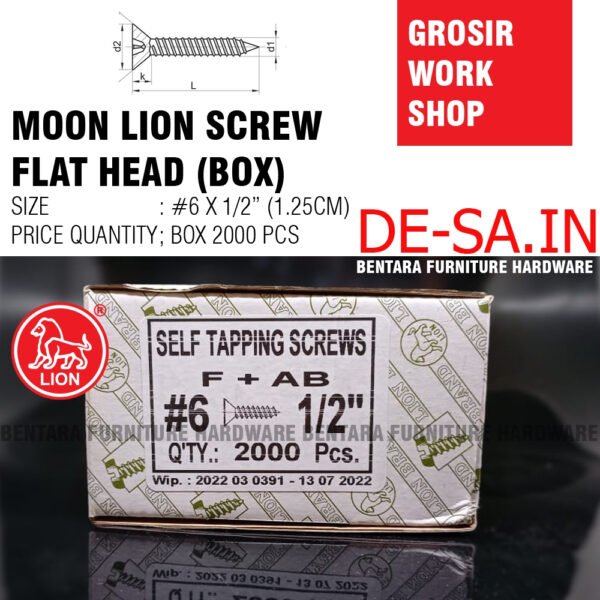 (BOX = 2000PCS) GS-ML MOON LION #6 X 1/2" INCHI Skrup Sekrup #6 X12MM - High Quality Flat Head Self Tapping Screw (GROSIR SKRUP)