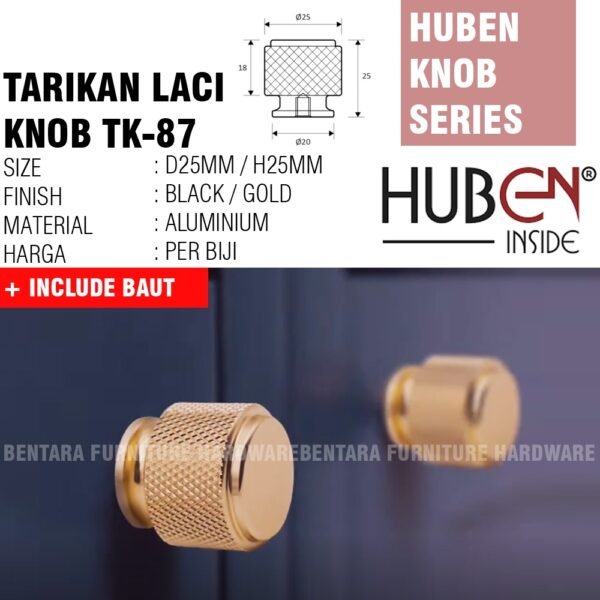 HUBEN TK-87 TARIKAN KNOB ALUMINIUM LACI MEJA LEMARI KABINET PINTU HANDLE BLACK GOLD HITAM EMAS - Gambar 3