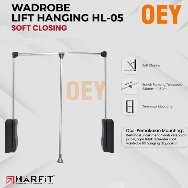 HARFIT HL-05 WARDROBE LIFT SLOW-MOTION SOFT CLOSE HANGING GANTUNGAN BAJU TARIK LEMARI WARDROBE