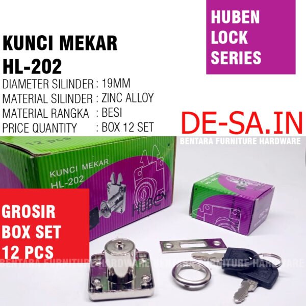 (BOX SET 12 PCS) Huben Lock HL-202 Kunci Mekar Lemari Geser - Sliding Wardrobe Lock (GROSIR) - Gambar 2