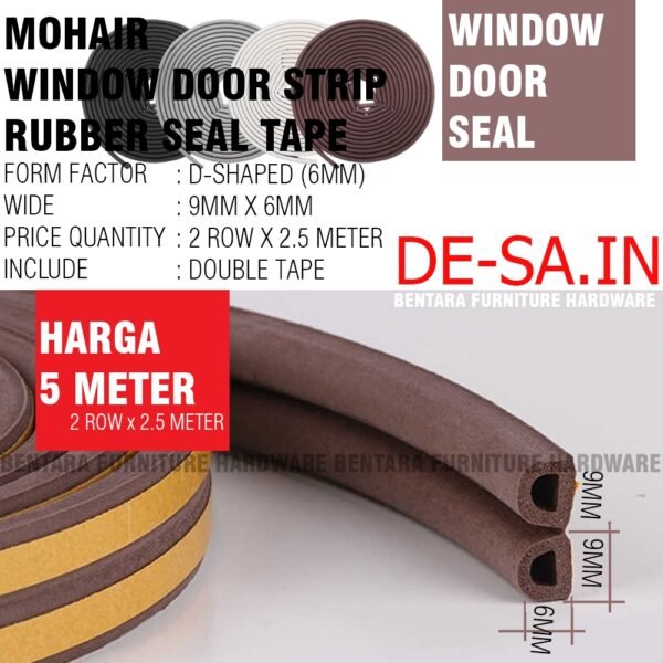 5 x Mohair Karet Tipe D-6MM Dengan Perekat  - D-Shape Window Door Strip Seal Foam Include Double Tape Self Adhesive