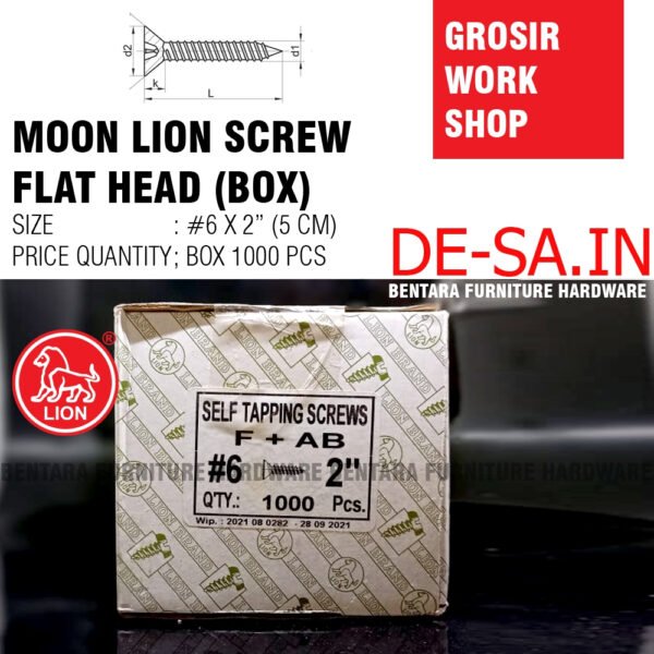 (BOX = 1000PCS) GS-ML MOON LION #6 X 2" INCHI Skrup Sekrup #6 X 50MM - High Quality Flat Head Self Tapping Screw (GROSIR SKRUP)