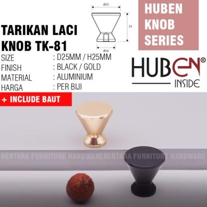 HUBEN TK-81 TARIKAN KNOB ALUMINIUM BLACK GOLD HITAM EMAS LACI MEJA LEMARI KABINET PINTU HANDLE