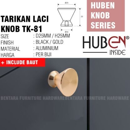 HUBEN TK-81 TARIKAN KNOB ALUMINIUM BLACK GOLD HITAM EMAS LACI MEJA LEMARI KABINET PINTU HANDLE - Gambar 2