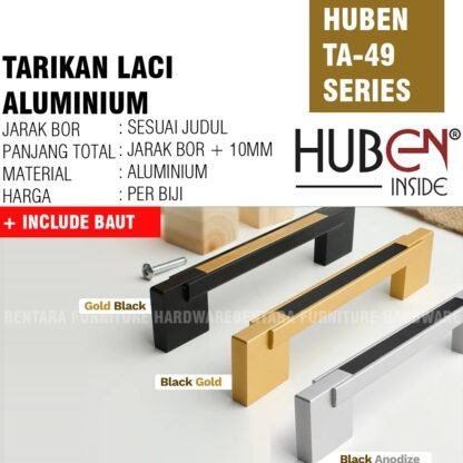 HUBEN TA-49 192MM TARIKAN LACI MEJA LEMARI KABINET GAGANG PINTU HANDLE ALUMINIUM GOLD BLACK ANODIZE LEMARI KABINET DAPUR DRAWER