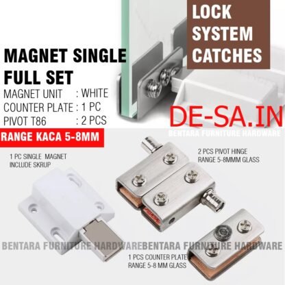 (BUNDLE SET) MAGNET SINGLE  + PUSH + ENGSEL  PIVOT JEPIT PINTU KACA 8MM KABINET - PUSH SINGLE MAGNET + COUNTER PLATE + PIVOT HINGE  GLASS DOOR