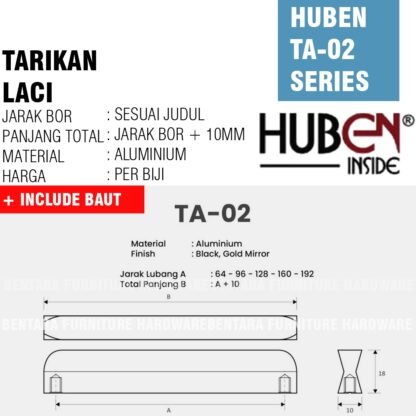 HUBEN TA-02 96MM TARIKAN LACI MEJA LEMARI  64MM 96MM Handle Aluminium BLACK GOLD HITAM EMAS - Gambar 2