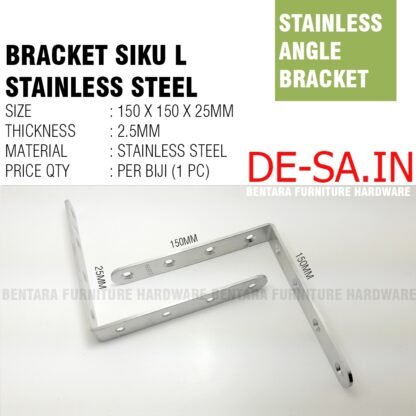 SL-SS 15CM BRAKET SIKU L 6601 STAINLESS 150 x 150 x 25 MM - L-Shaped Angle Bracket Stainless Steel Sudut  Fastener 15 x 15 x 2.5 CM