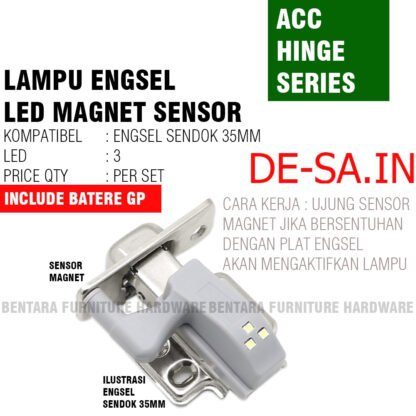 LAMPU LED ENGSEL SENSOR MAGNET + BATERE GP SUPER (UNTUK ENGSEL SENDOK 35 MM) - LED MAGNETIC SENSOR FOR 35MM CONCEAL HINGE CABINET INCLUDE BATTERY