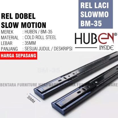 2 x HUBEN BM-35 500 MM REL LACI DOUBLE TRACK SLOW-MOTION BALL BEARING FULL EXTENSION - Gambar 2