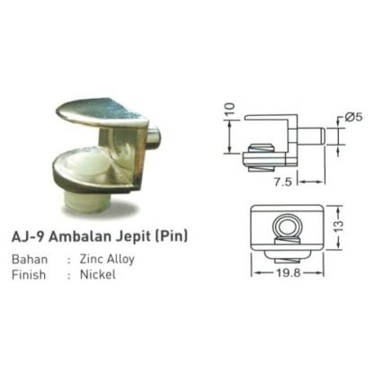 HUBEN AJ-9 AMBALAN JEPIT KACA (DENGAN PIN) - GLASS SHELF SUPPORT FITTING - Gambar 3