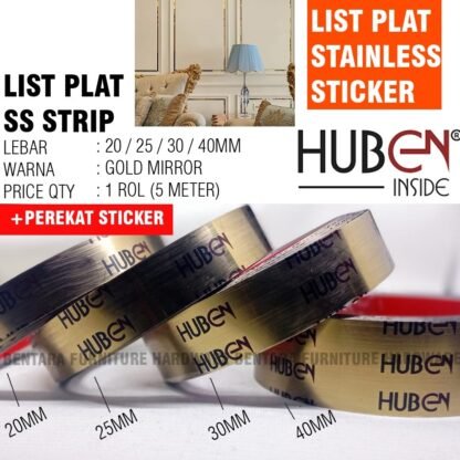 (1ROL 5METER) HUBEN LP-STICK 50MM LIST PLAT STRIP STAINLESS STICKER - PEREKAT 10/15/ 20 / 25 / 30 / 40MM (2 / 3 / 4 CM) GOLD MIRROR - Gambar 3