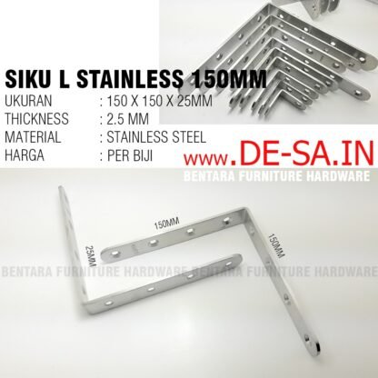 SL-SS 150MM SIKU L STAINLESS STEEL BRACKET Braket 150 X 150 X 25 MM Besar - L-Shaped Angle Bracket Fastener - Gambar 2