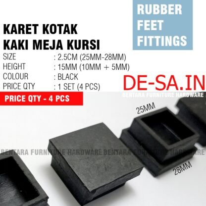 2.5CM Karet Kotak Pipa Hollow 25X25MM - Karet Hollow Hitam Kaki Meja Kursi Anti Slip Rubber Pad