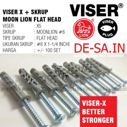 100 SET Viser X5 + Screw Flat Head Moon Lion #6 X 1 1/4" - Skrup Angkur Dinding Tembok Beton Bata